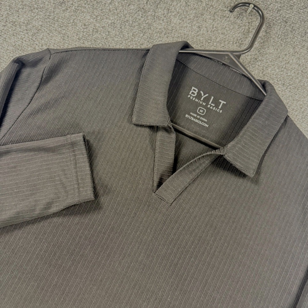 BYLT Premium Basics Long Sleeve Polo Shirt Mens Medium Black Ribbed Modal‎ Blend